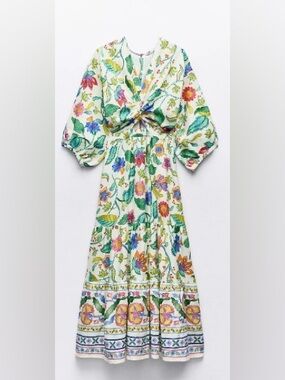 Zara White Floral Twist-Front Midi Dress with Multicolor Print